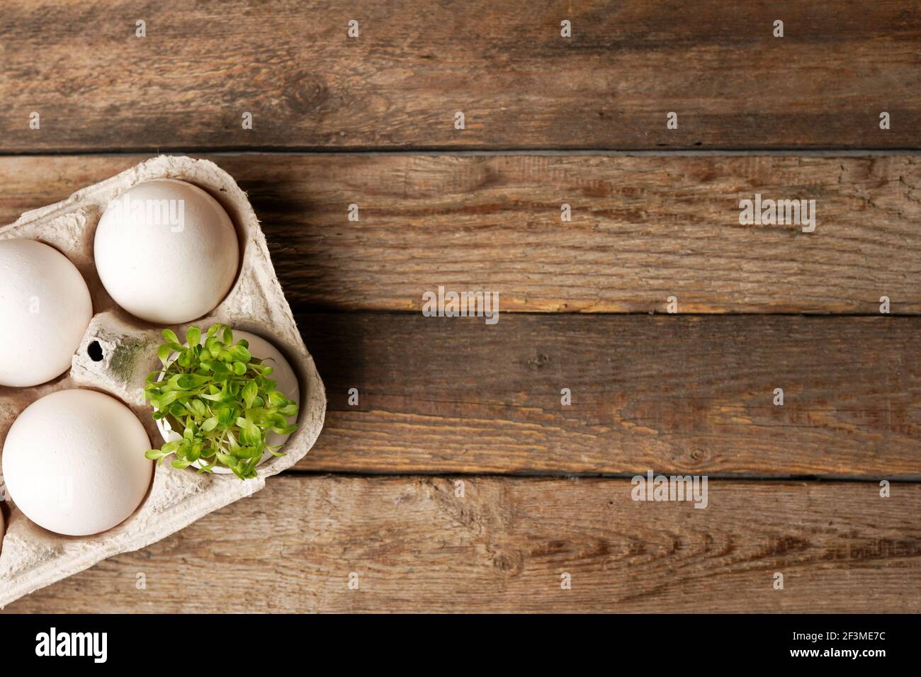 microgreens in the eggshells on wooden background, easter concept Stock Photo