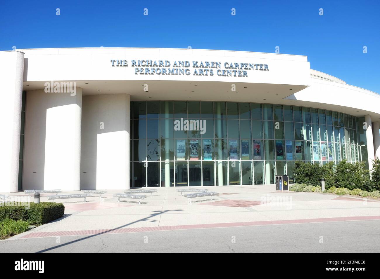 LONG BEACH, CALIFORNIA - 16 MAR 2021: Marquee in front of The Richard and Karen Carpenter Performing Arts Center at California State University Long B Stock Photo