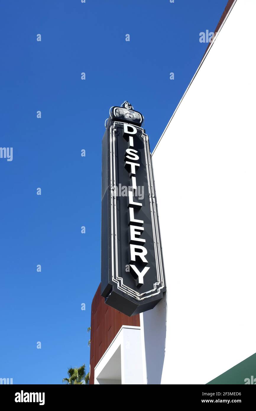 LONG BEACH, CALIFORNIA - 16 MAR 2021: Sign at the Portuguese Bend Disillery a trendy craft bar and restaurant in the downtown area. Stock Photo