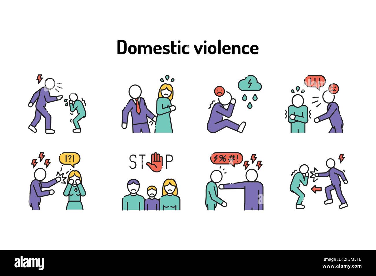 Domestic violence color line icons set. Harassment, social abuse and