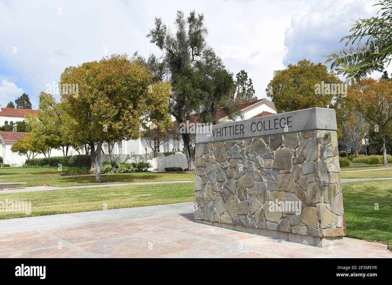 WHITTIER, CALIFORNIA 12 MAR 2021: Whittier College Sign at the Lower Quad on the Campus of the Liberal Arts school. Stock Photo