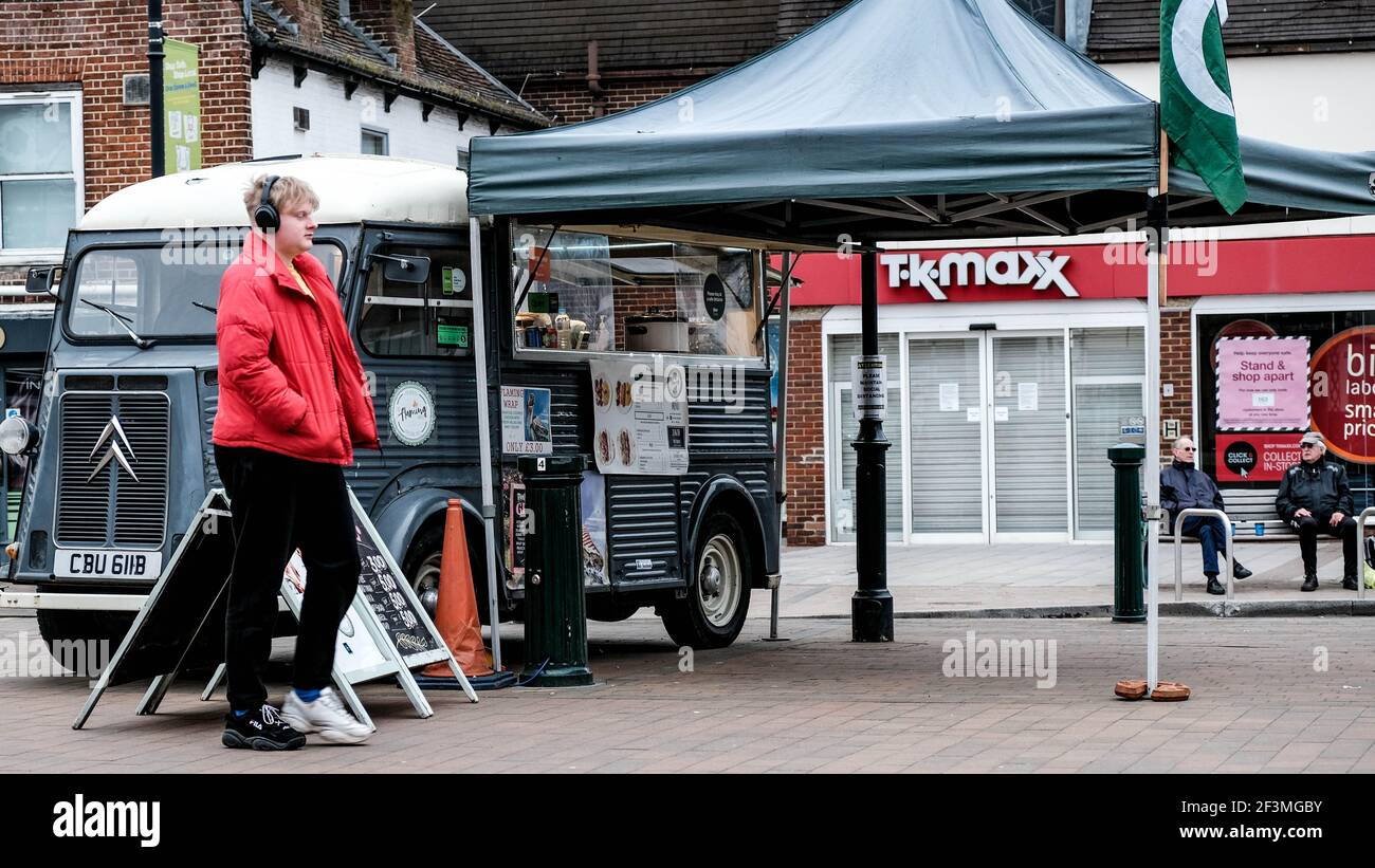 London UK, March 17 2021, Mobile Pop-Up Food And Drink Market Stall Stock Photo