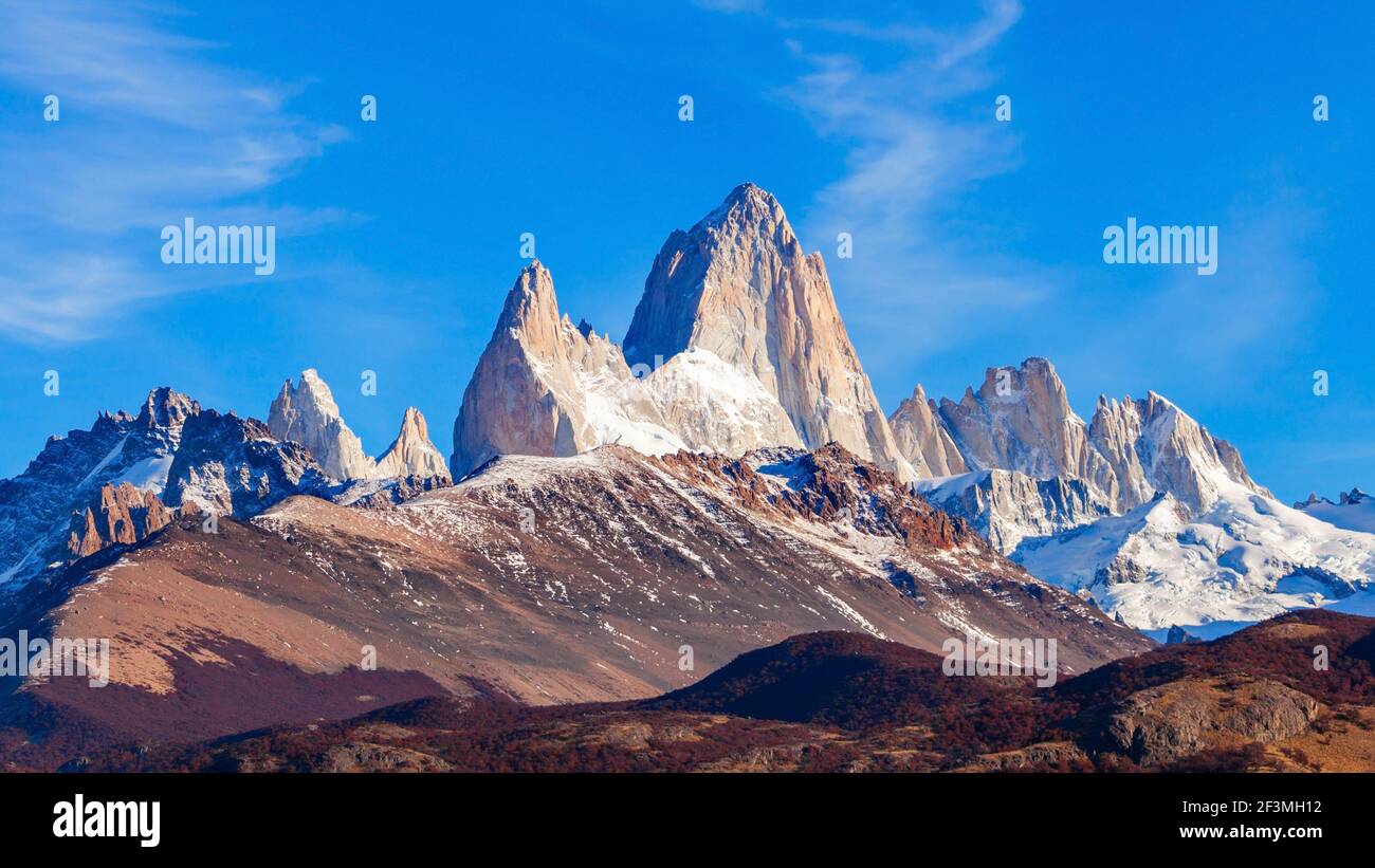 Monte Fitz Roy or Cerro Chalten aerial view. Fitz Roy is a mountain located near El Chalten, in the Southern Patagonia, on the border between Argentin Stock Photo