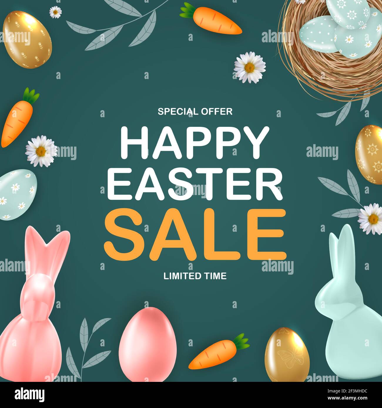 Happy Easter sale poster template with 3d realistic Easter eggs, bunny,  carrot, daisy flower. Template for advertising, poster, flyer, greeting  card Stock Vector Image & Art - Alamy
