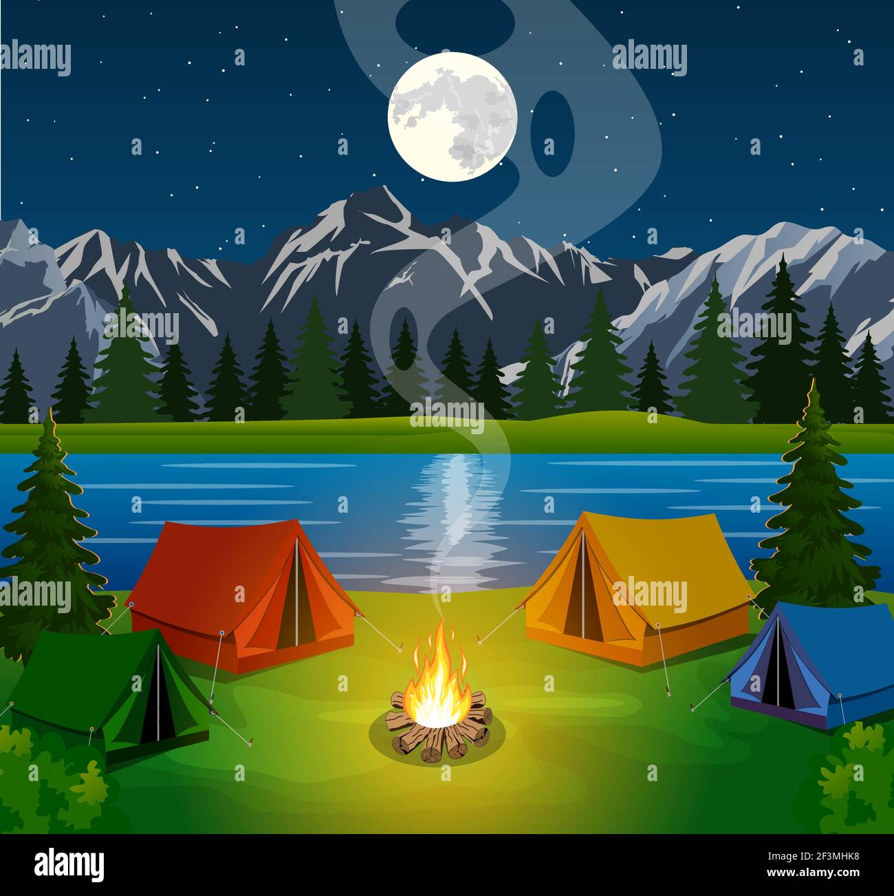 poster showing campsite with a campfire Stock Vector