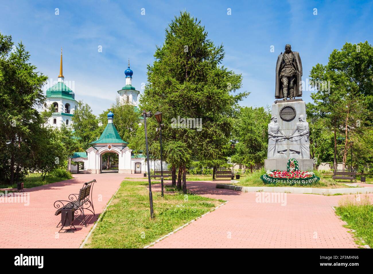 Znamensky Monastery and Kolchak monument. Znamensky Monastery is a Orthodox convent situated in Irkutsk, Russia. Stock Photo