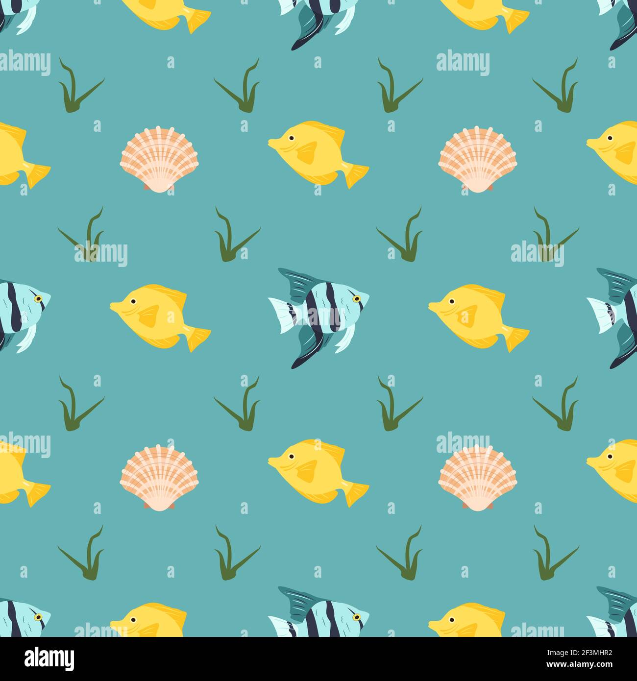 Bright seamless pattern with fish, shells and algae on a blue background Stock Vector