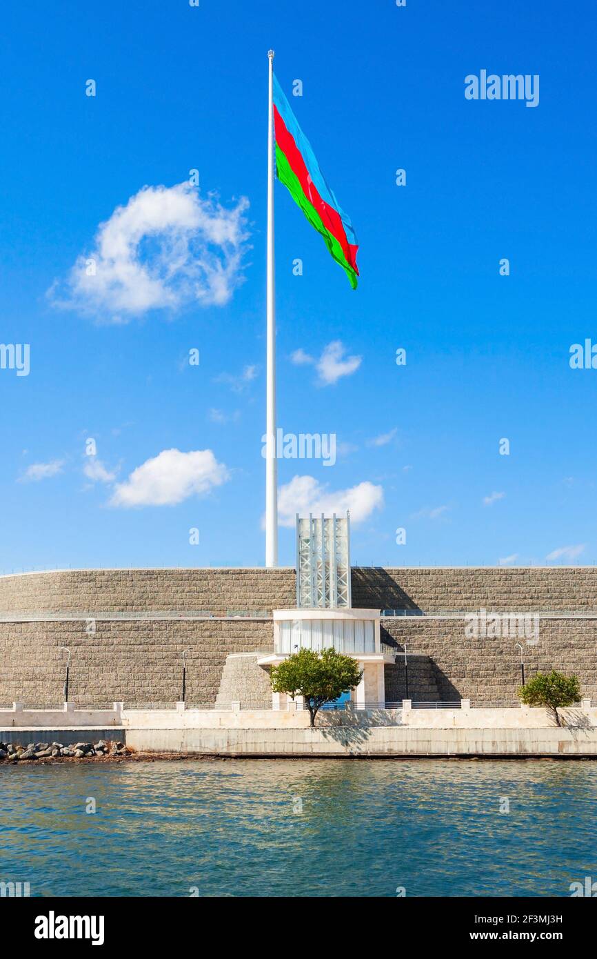 National Flag Square is a large city square off Neftchiler Avenue in Baku, Azerbaijan. A flag measuring 70 by 35 metres flies on a pole 162 m high. Stock Photo