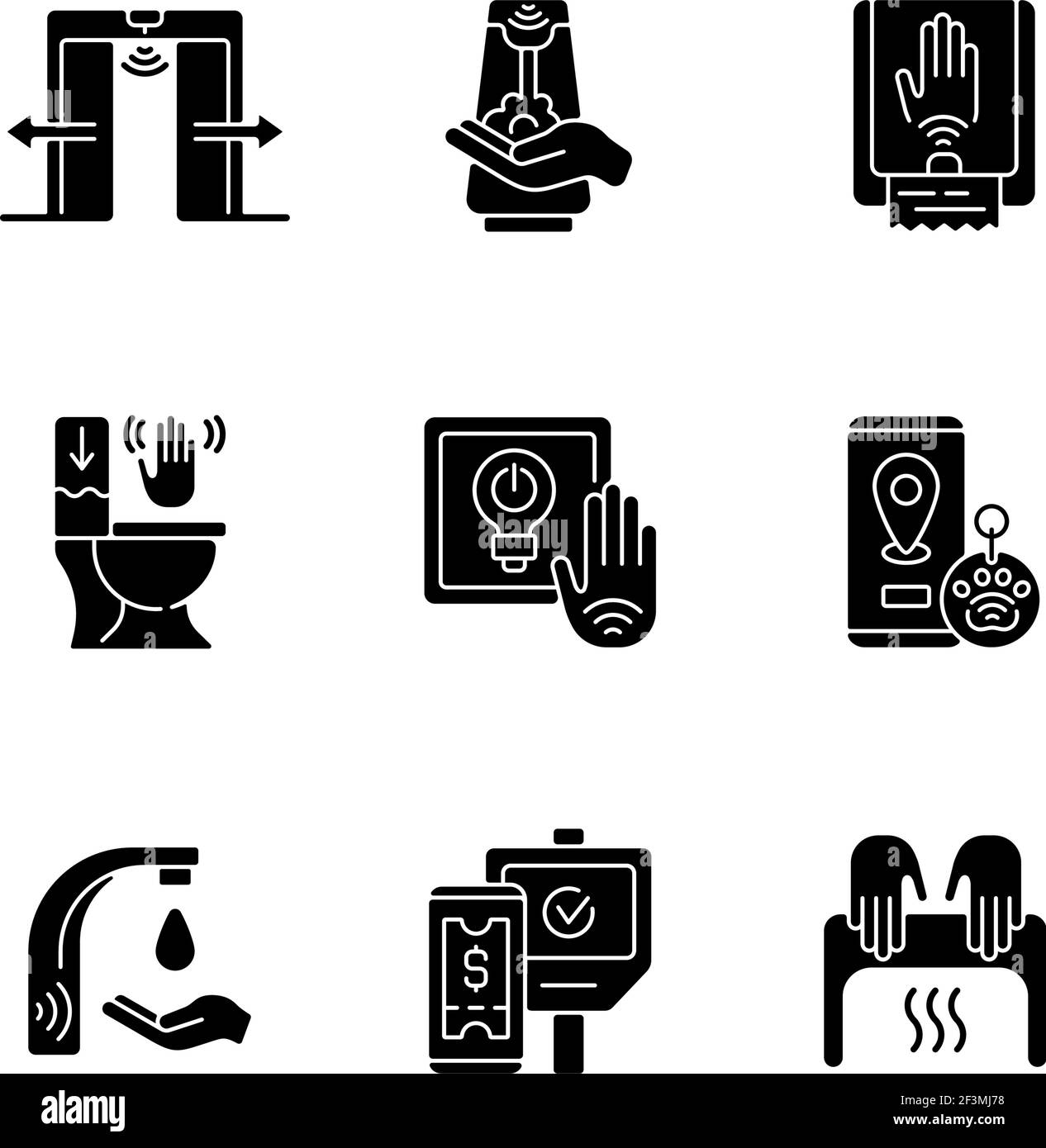 Contactless technology black glyph icons set on white space Stock ...