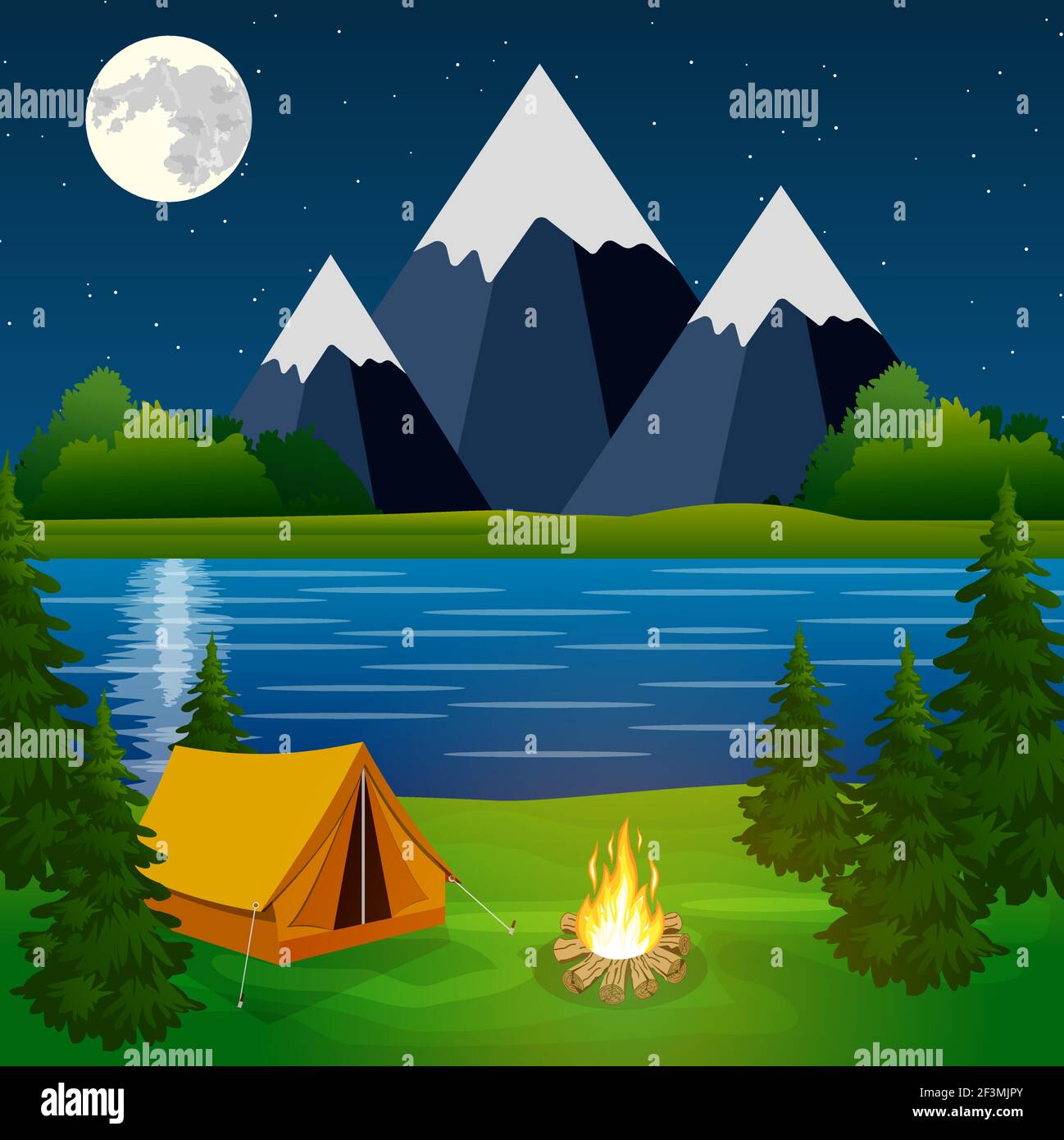poster showing campsite with a campfire Stock Vector