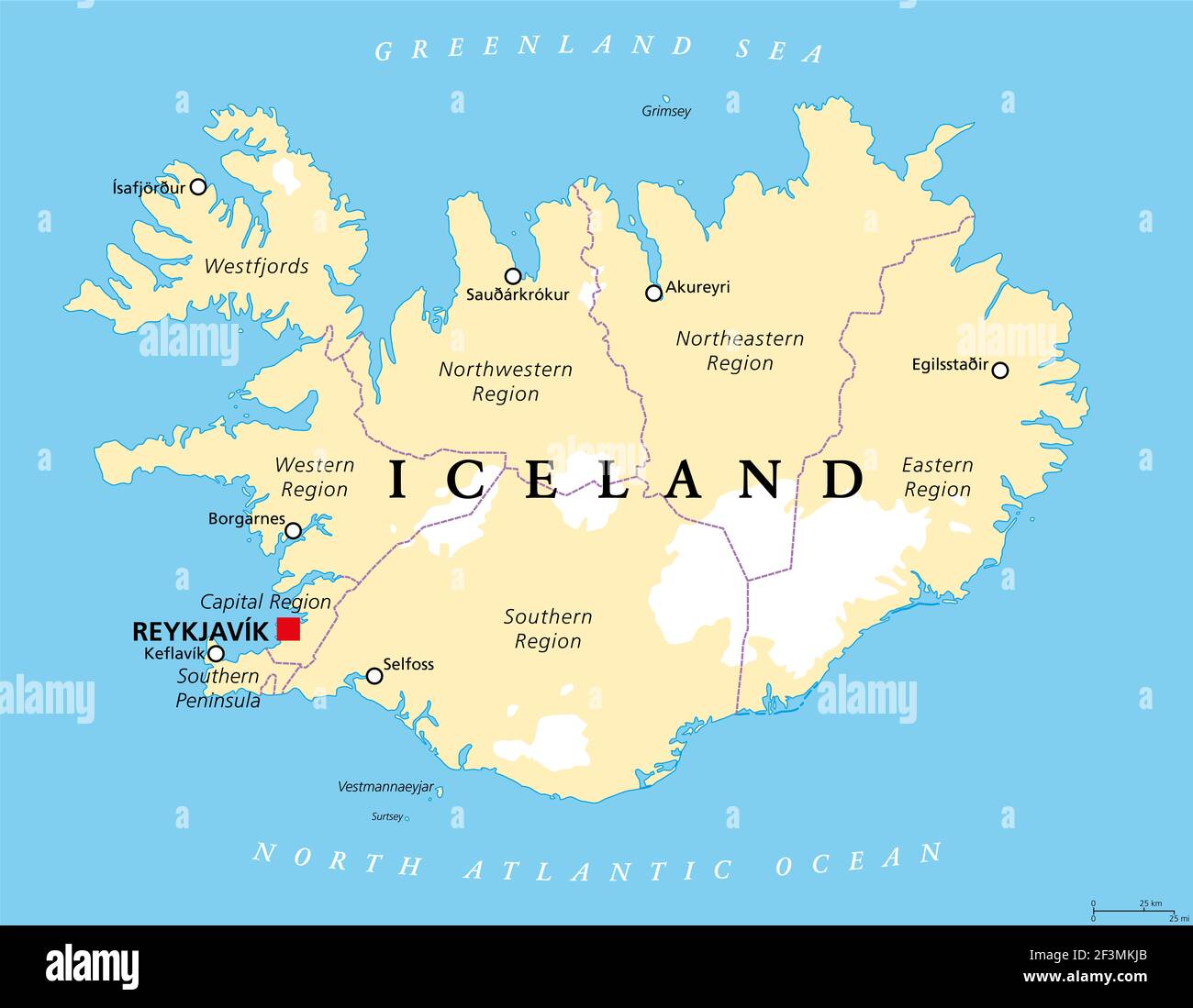 Regions of Iceland, political map, with capital Reykjavik. Eight regions and their seats, used for statistical purposes. Nordic island country. Stock Photo