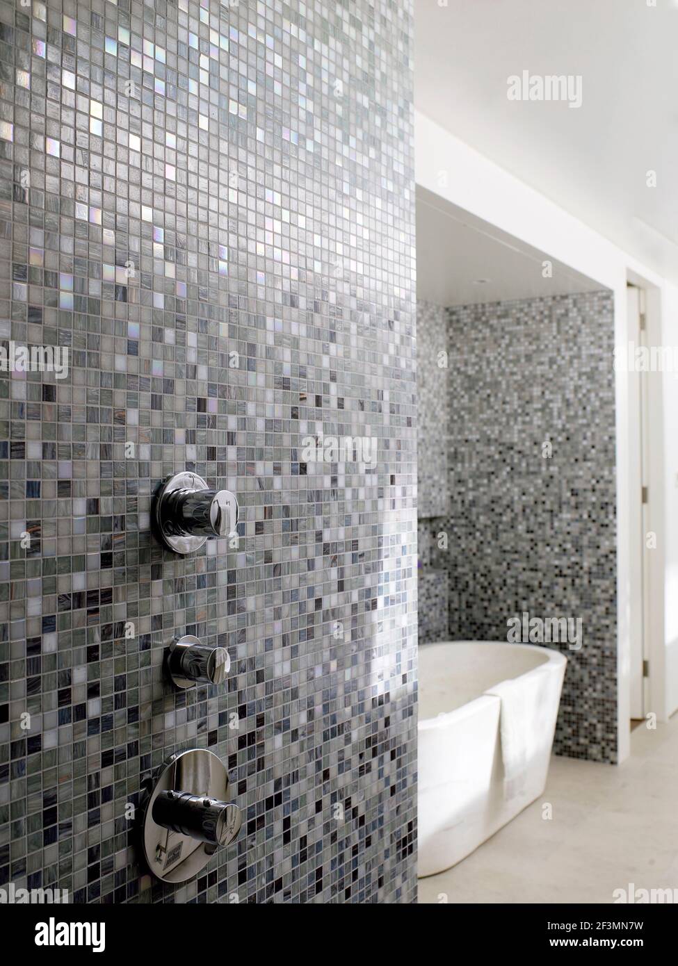 Tiled shower recess in bathroom with freestanding bath in UK home Stock Photo