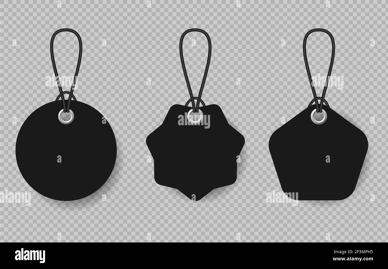Set of black price tags with black lace on transparent background Stock Vector