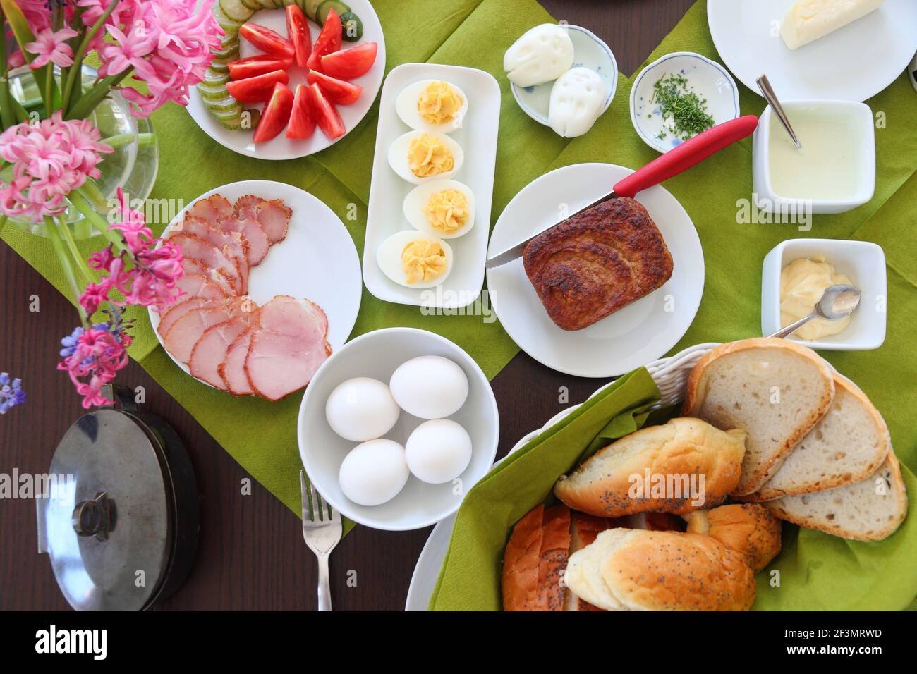 Easter breakfast table in Poland. Easter foods in Europe Stock Photo
