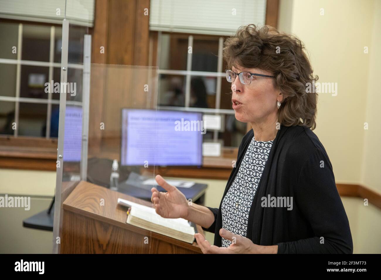 Detroit, Michigan - Dr. Mary Healy, professor of Sacred Scripture at Sacred Heart Major Seminary, teaches a class to deacon candidates on the Synoptic Stock Photo