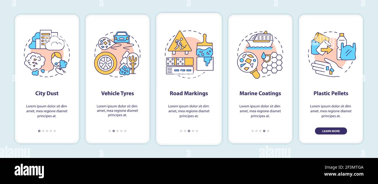 Microplastics sources onboarding mobile app page screen with concepts Stock Vector