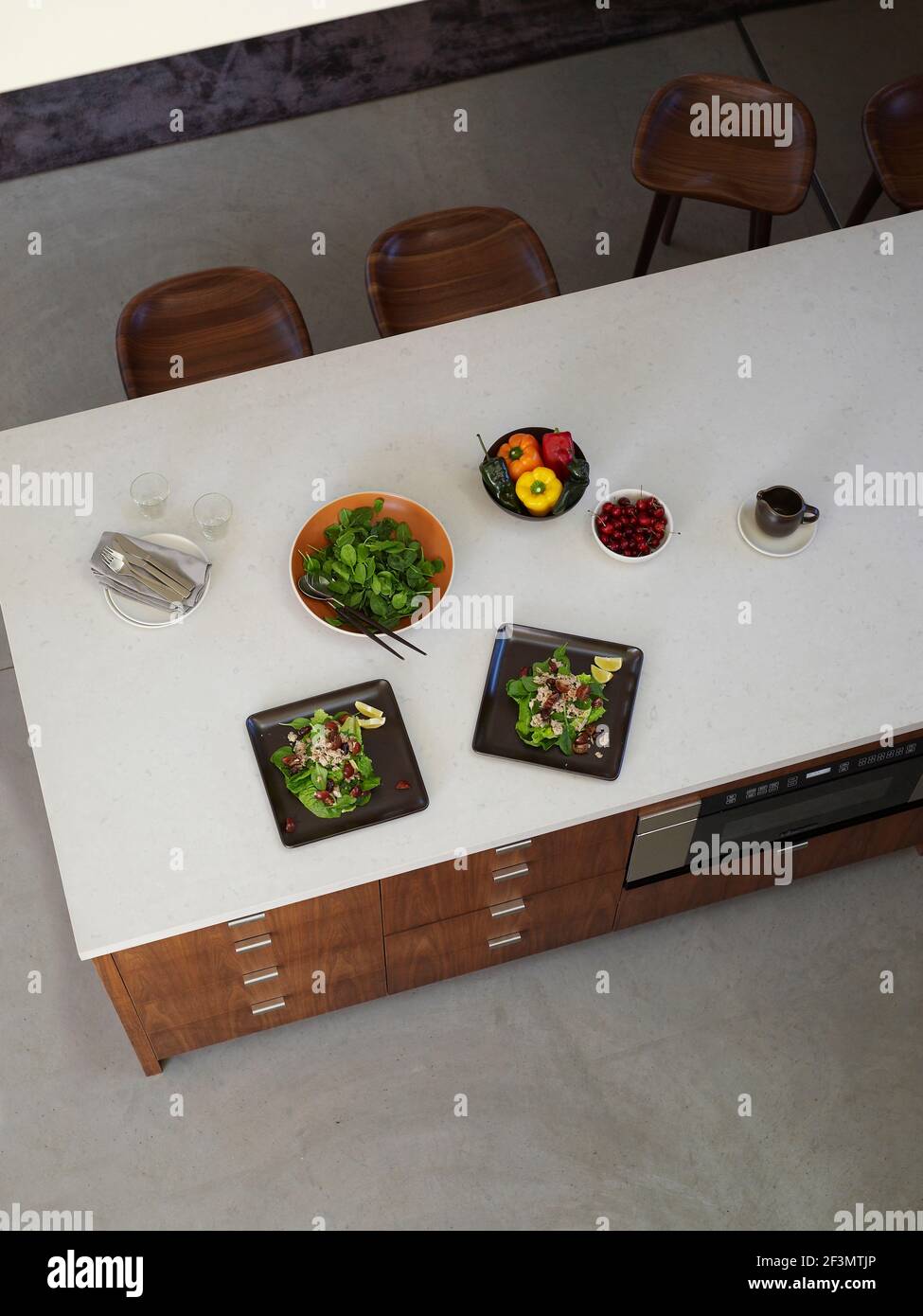 View from above of island unit in kitchen in USA home Stock Photo