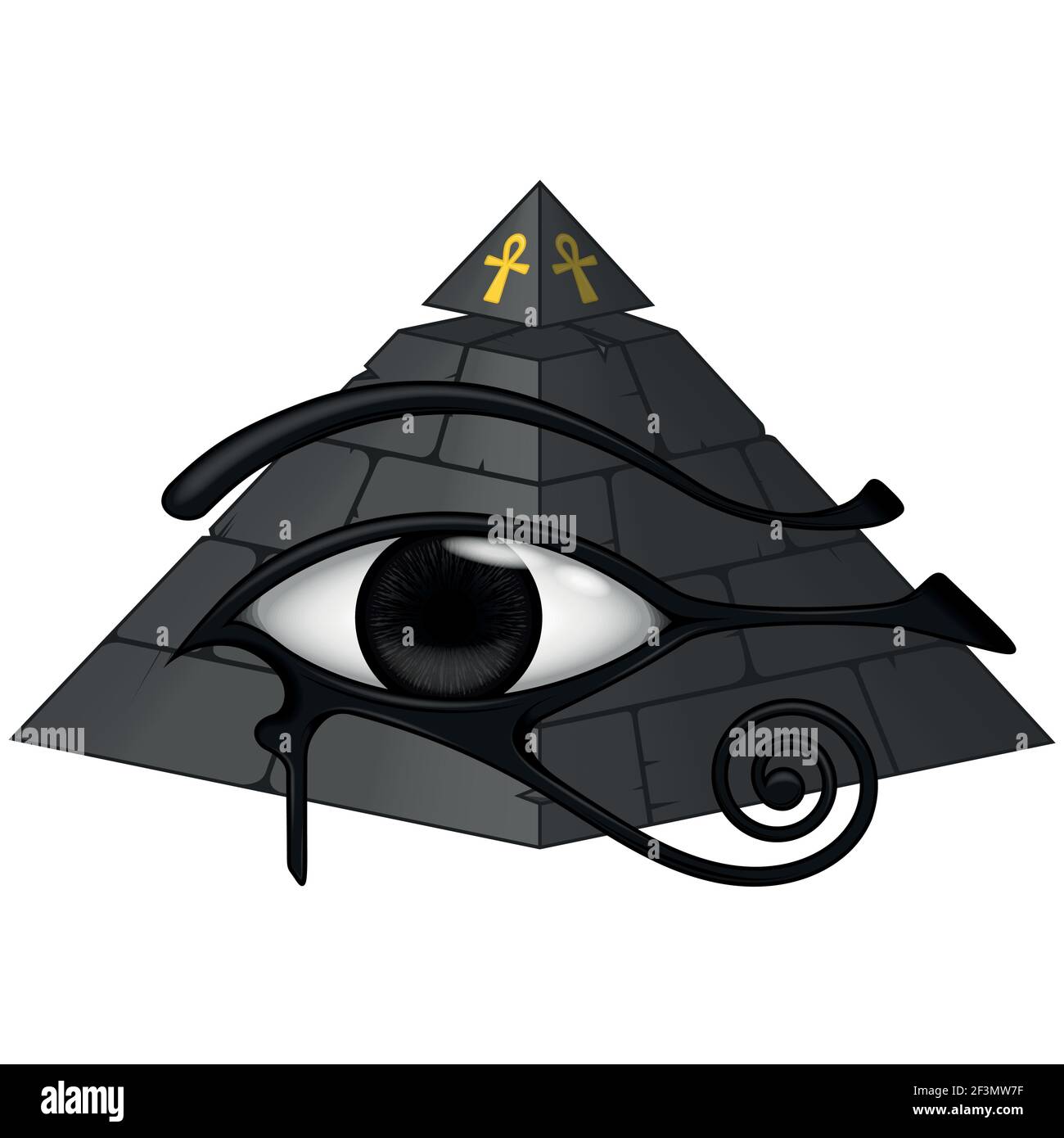 Vector design of ancient egyptian pyramid with 3d eye of horus, ancient egyptian symbols, eye of horus, looped cross, all on white background. Stock Vector