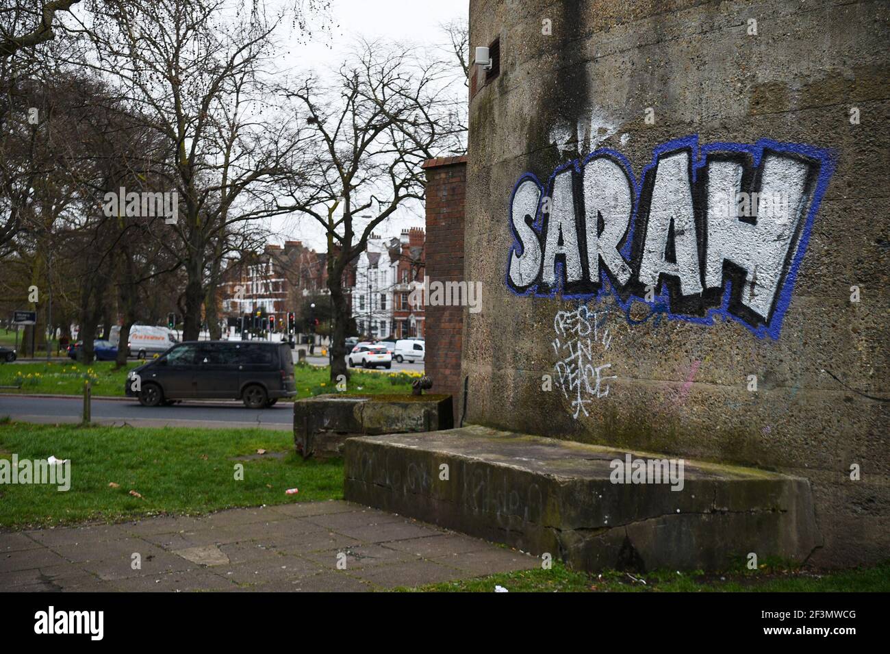 Graffiti on an air-raid shelter near Clapham South, London, for Sarah Everard. Pc Wayne Couzens, 48, appeared at the Old Bailey in London charged with the kidnap and murder of the 33-year-old. Picture date: Tuesday March 16, 2021. Stock Photo