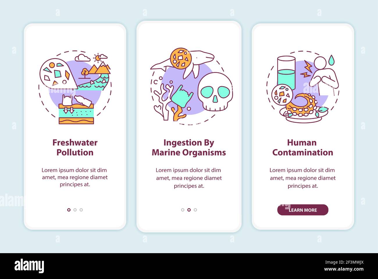 Microplastics effects onboarding mobile app page screen with concepts Stock Vector