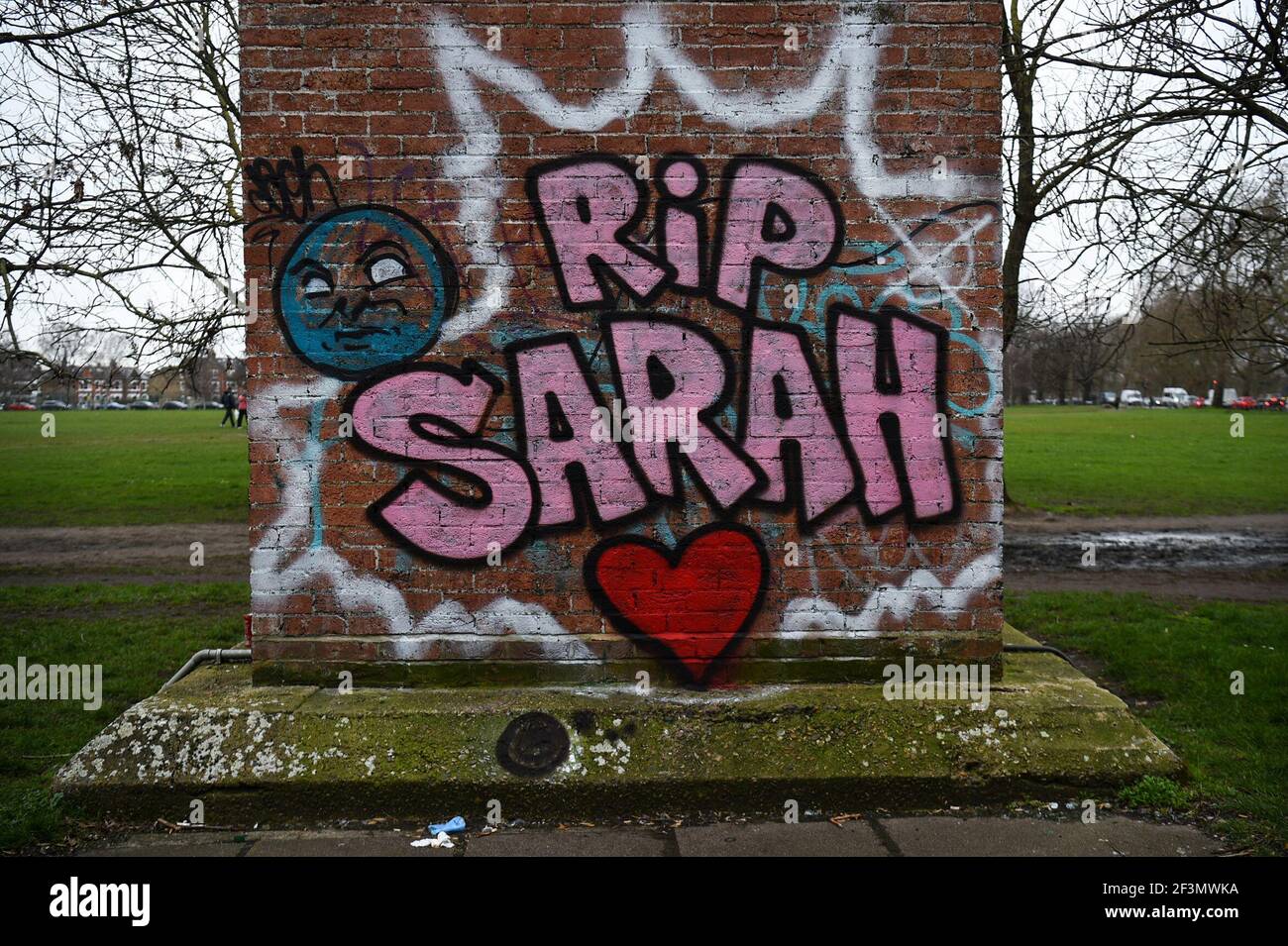 Graffiti on an air-raid shelter near Clapham South, London, for Sarah Everard. Pc Wayne Couzens, 48, appeared at the Old Bailey in London charged with the kidnap and murder of the 33-year-old. Picture date: Tuesday March 16, 2021. Stock Photo