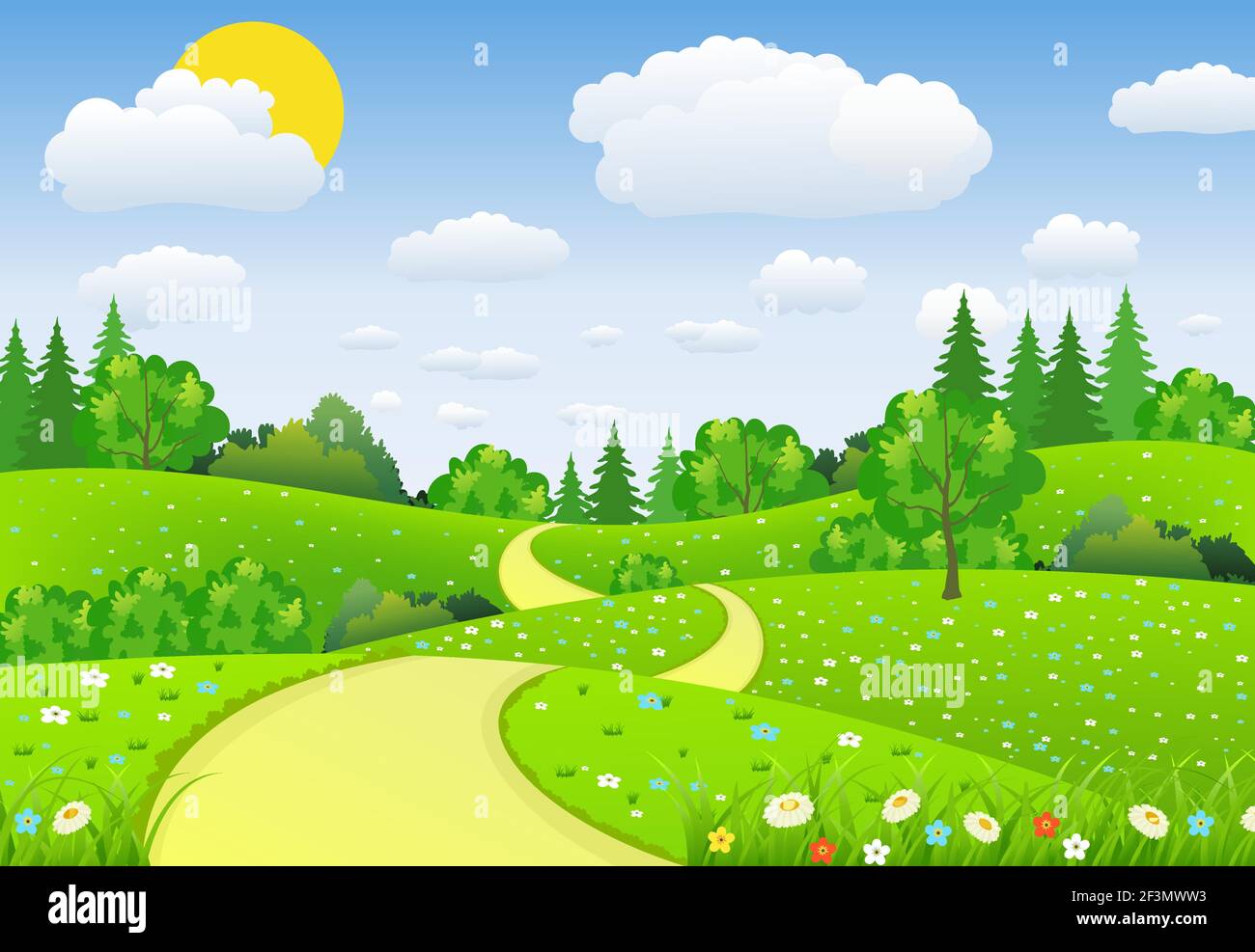 Green Landscape with trees clouds flowers Stock Vector Image & Art - Alamy