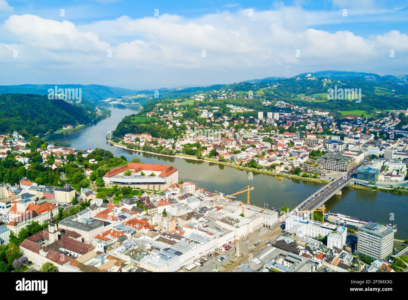 Linz city centre and Danube river aerial panoramic view in Austria ...