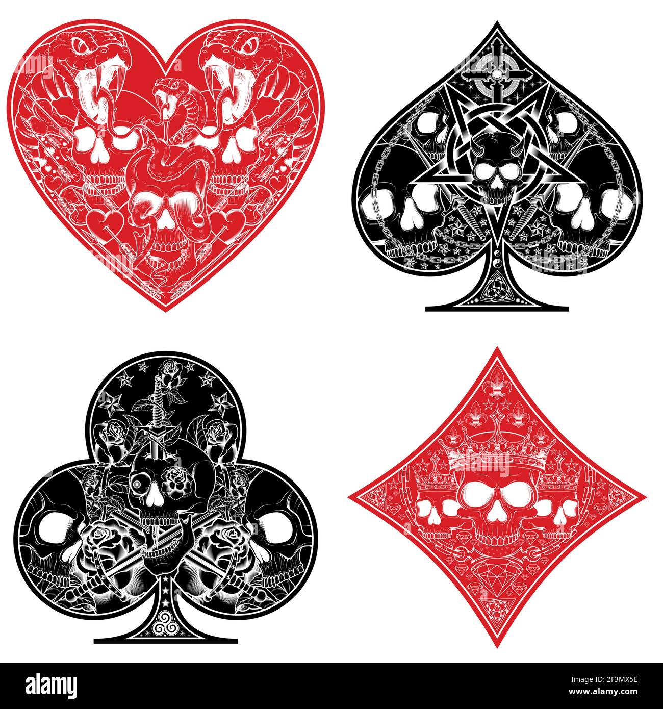 vector design of heart, diamond, clover and ace poker symbols with different line styles Stock Vector