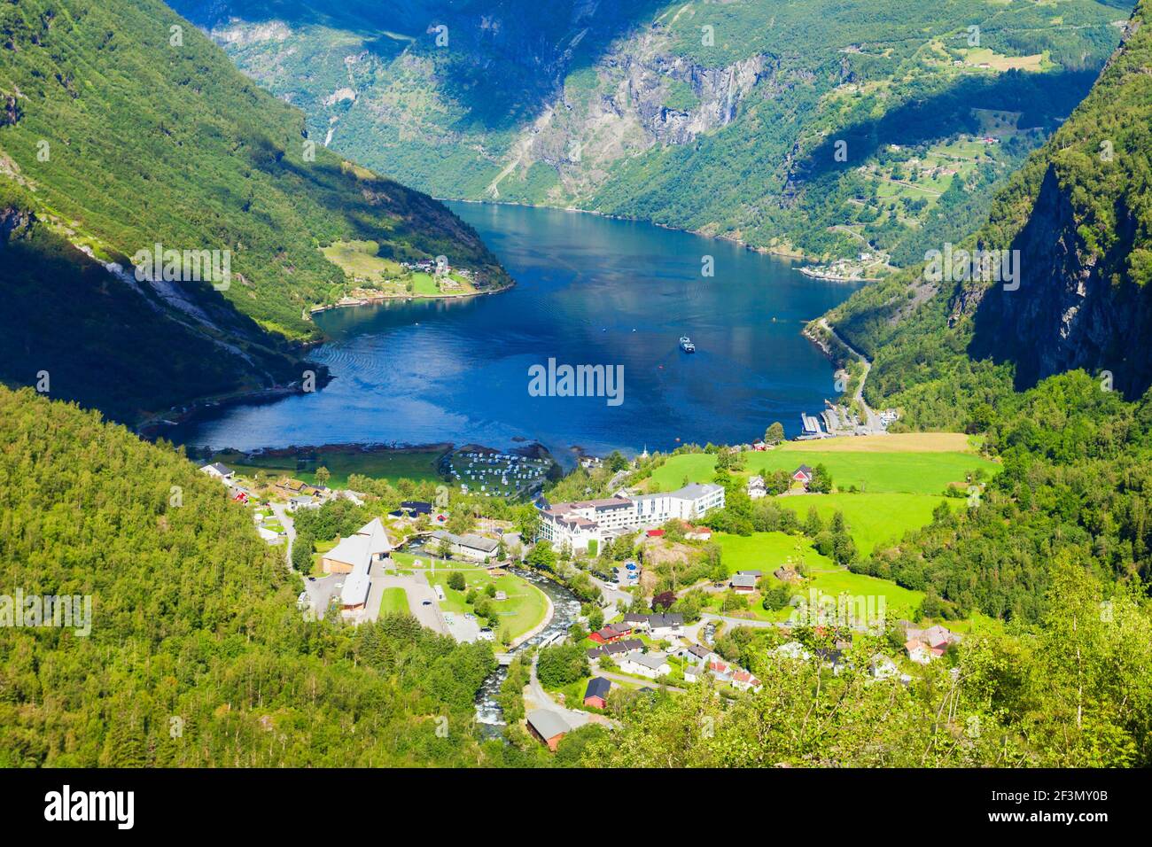 Geirangerfjord and Geiranger village aerial view from Flydalsjuvet ...