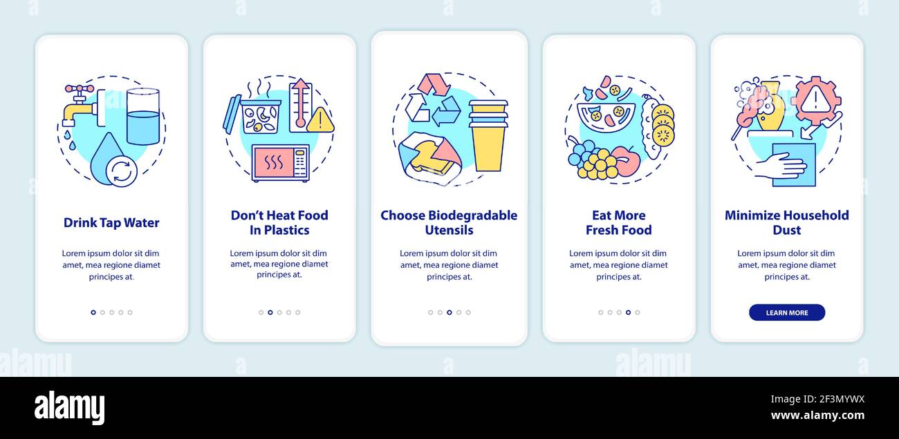 Avoiding microplastics tips onboarding mobile app page screen with concepts Stock Vector