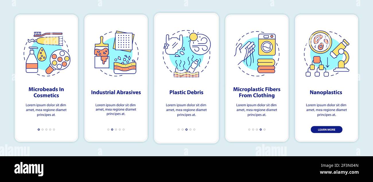 Microplastics sources and types onboarding mobile app page screen with concepts Stock Vector