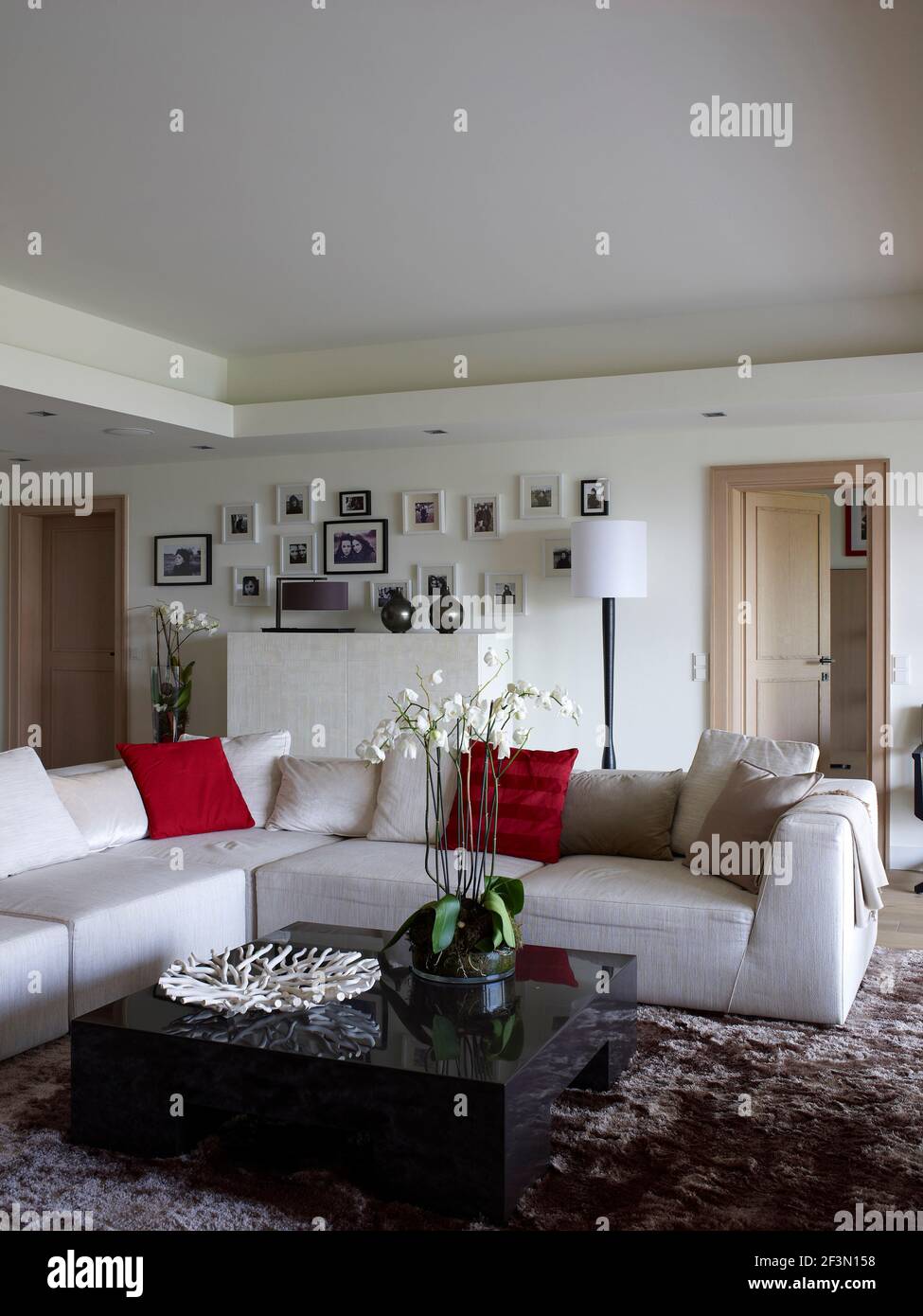 Seating around coffee table in living room in French home Stock Photo
