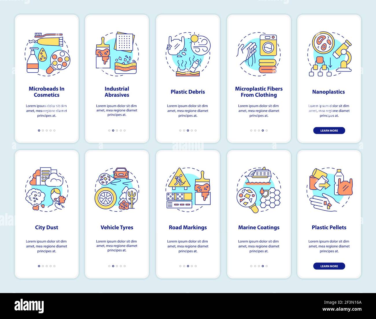 Microplastics sources onboarding mobile app page screen with concepts Stock Vector