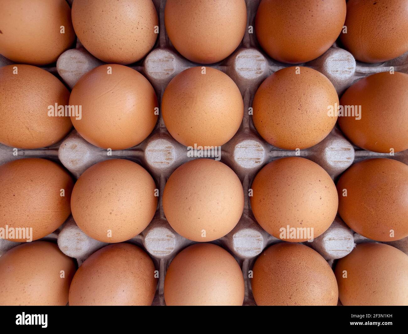 Brown eggs in cardboard egg box. Top view of raw organic chicken eggs in carton. Stock Photo