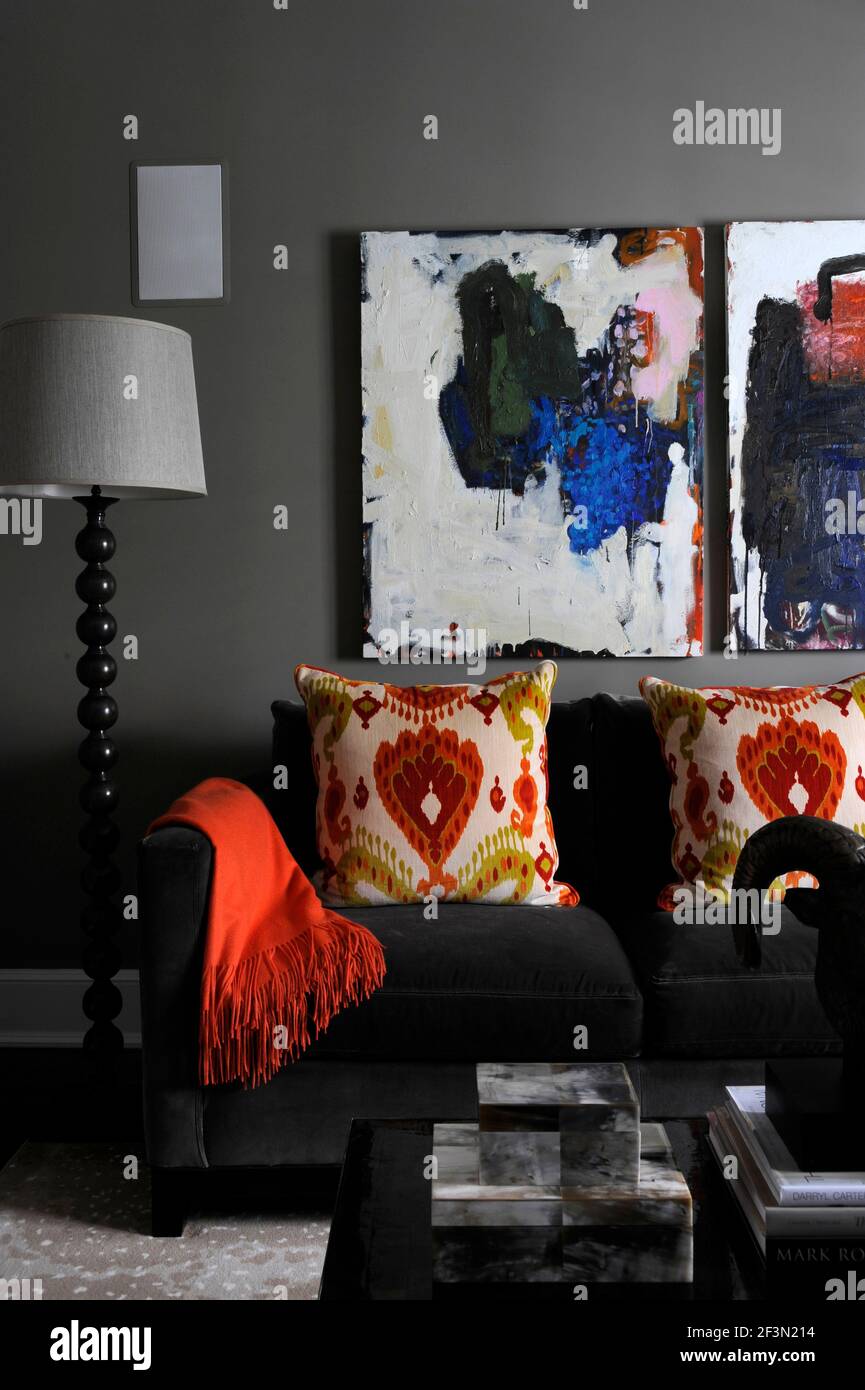 Artwork canvas above sofa with patterned cushions in contemporary