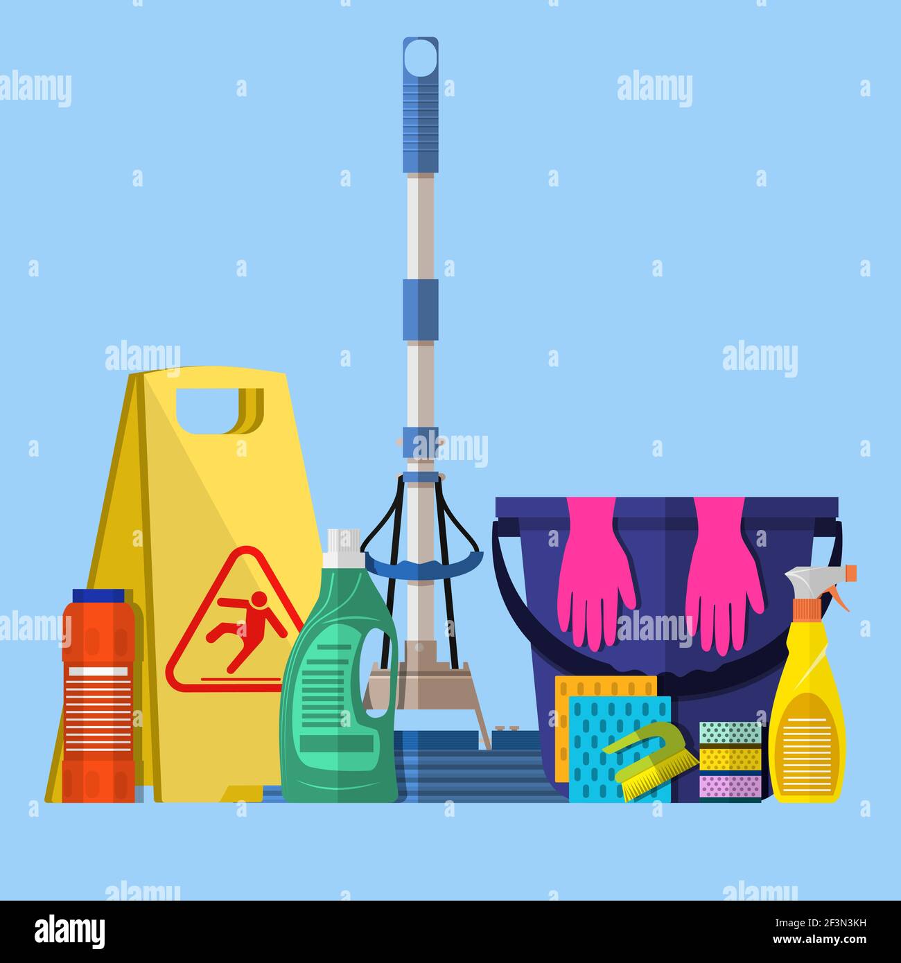 Cleaning set. MOP, sponge, blue plastic bucket Stock Vector