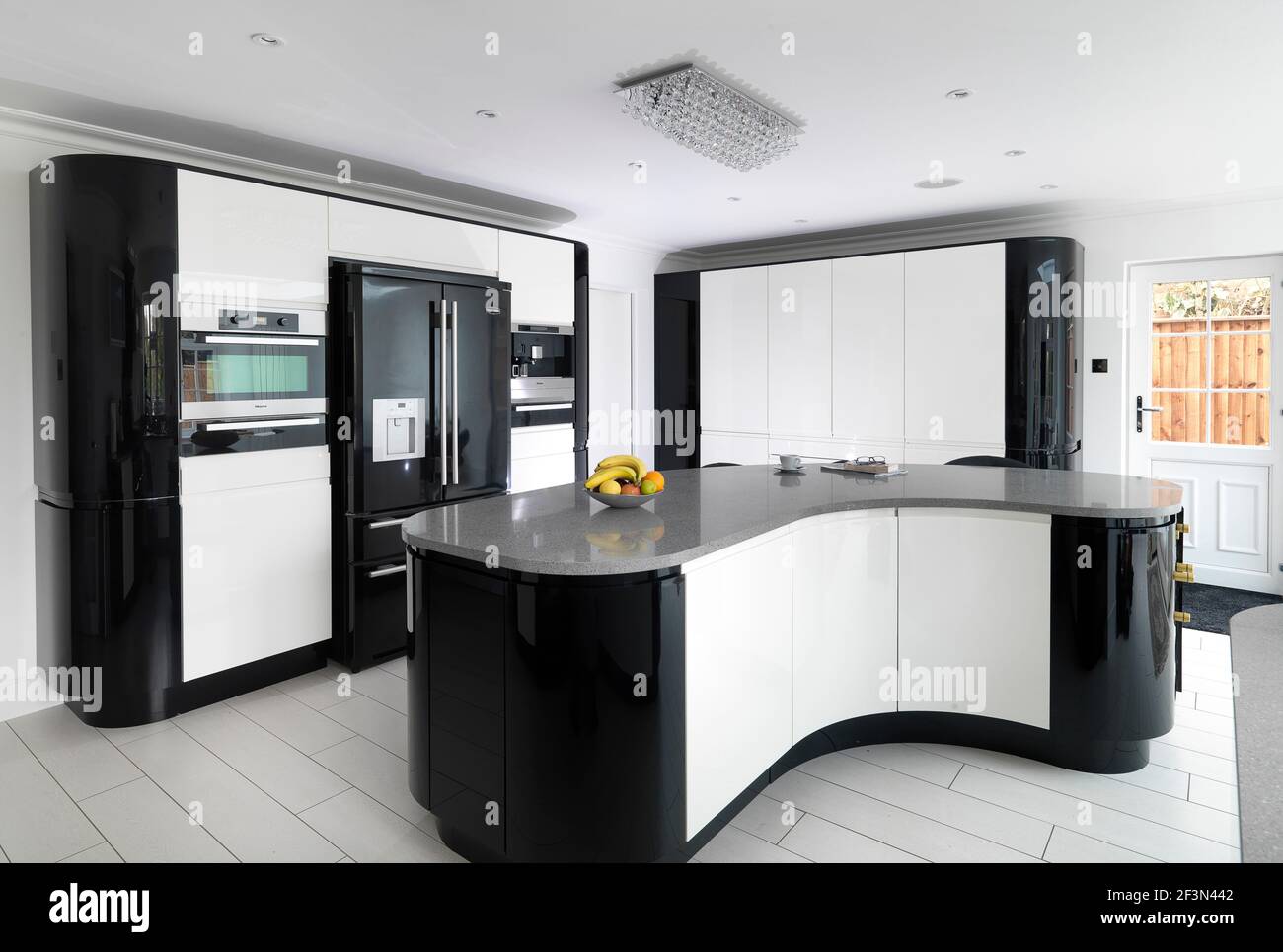 Modern black and white kitchen, UK home Stock Photo