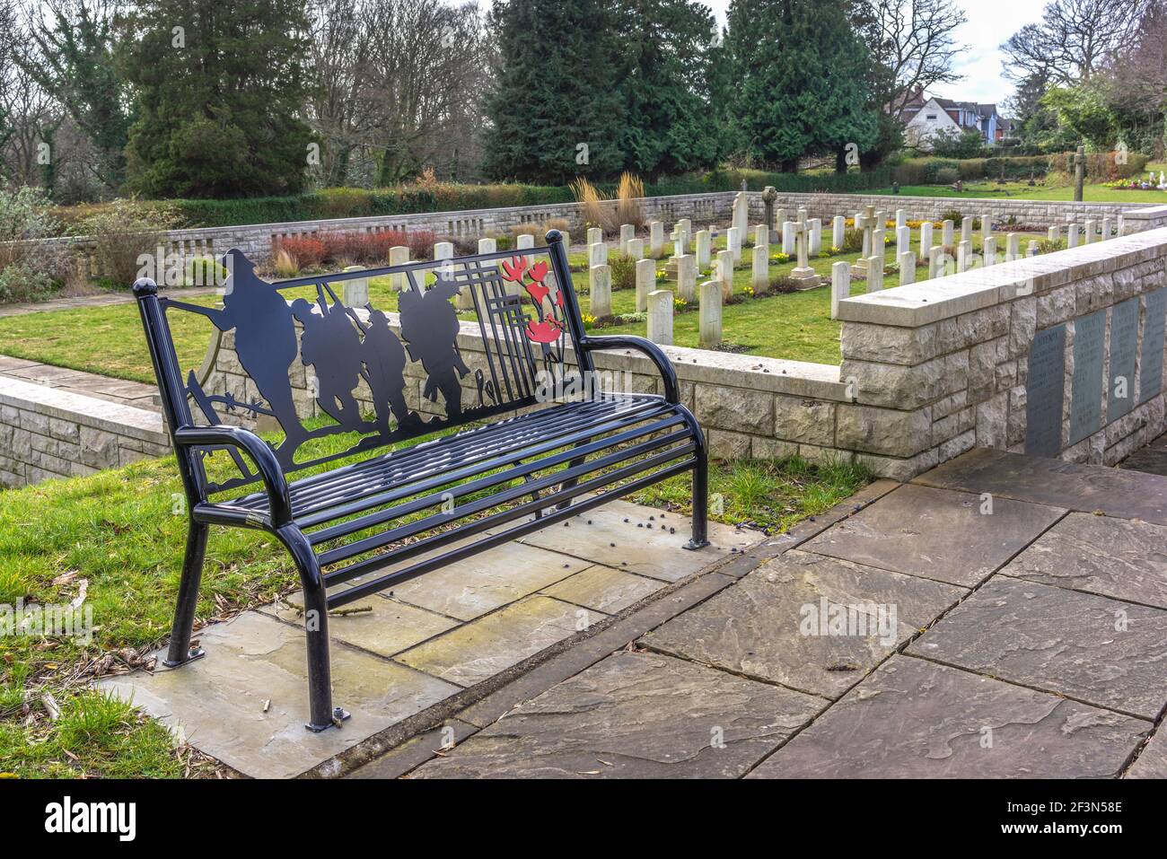 The memorial seat on Hollybrook Cemetery constructed by David Banks commemorates the civilian dead of the Second World War, Southampton, England, UK Stock Photo