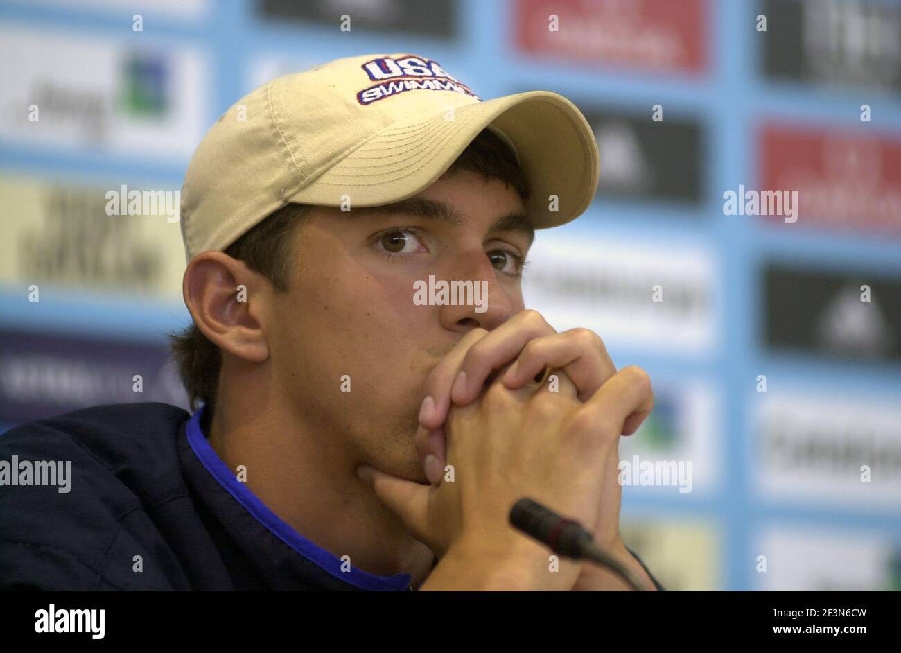 Olympic golden medals winner Michael Phelps of US swimming during a press conference at the World Championship, in Barcelona 2003. Stock Photo