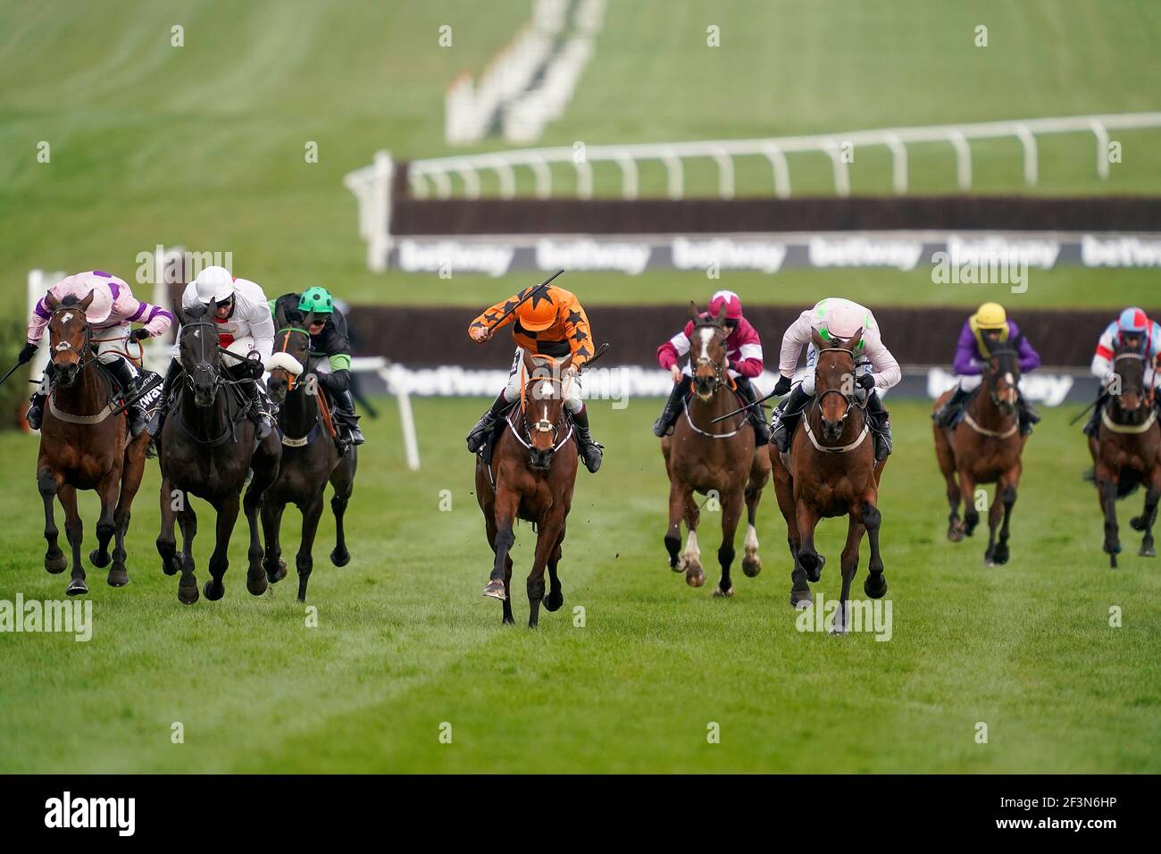 Aidan Coleman riding Put The Kettle On (orange) on the way to winning The Betway Queen Mother Champion Chase Stock Photo