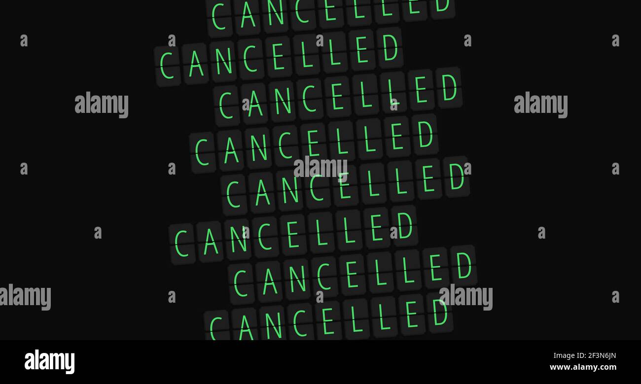 Airport table sign concept with word cancelled on dark black background. Angled sign of cancelled flight departure station digital table idea Stock Photo