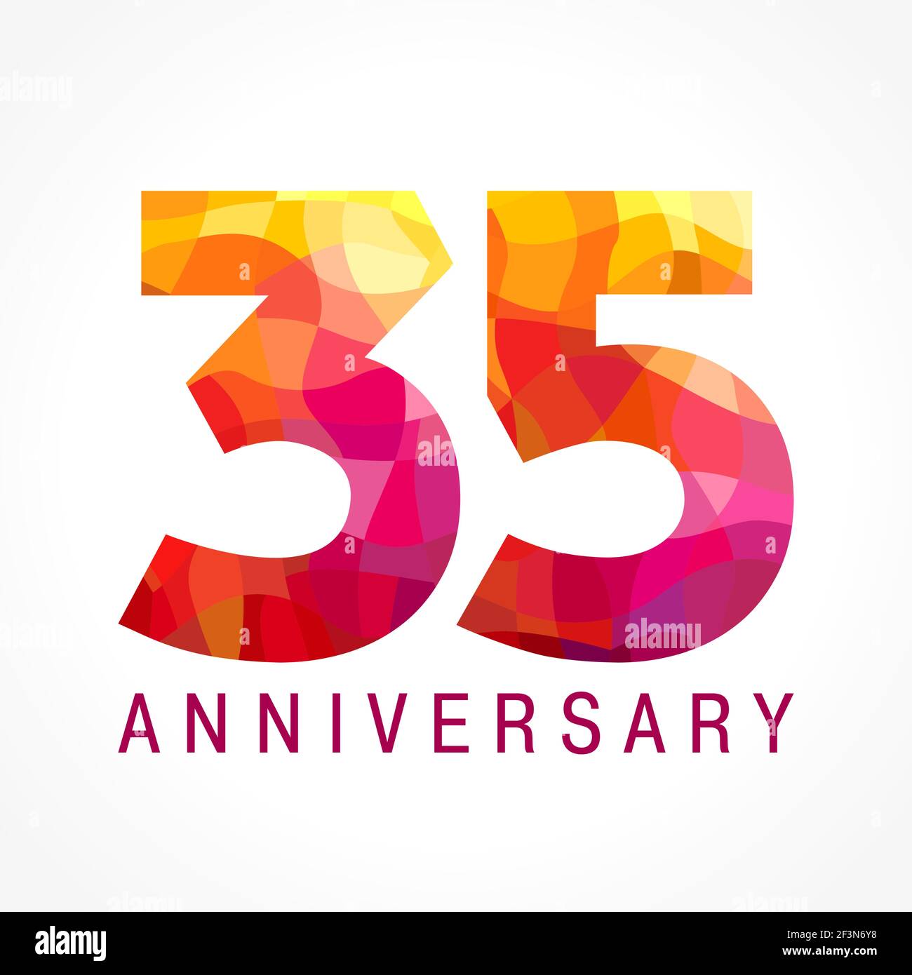 35 years old celebrating fiery logo. Anniversary year of 35 th. Facet congrats, creative numbers. Flaming greetings celebrates with 3D style. Stained- Stock Vector