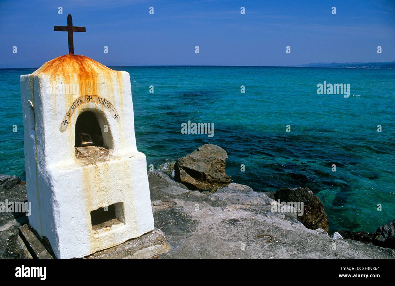 Birthplace of Aristotle, historic Chalkidiki consists of three lush and fertile peninsulas - Kassandra, Sithonia, and Athos, that extend into the nort Stock Photo