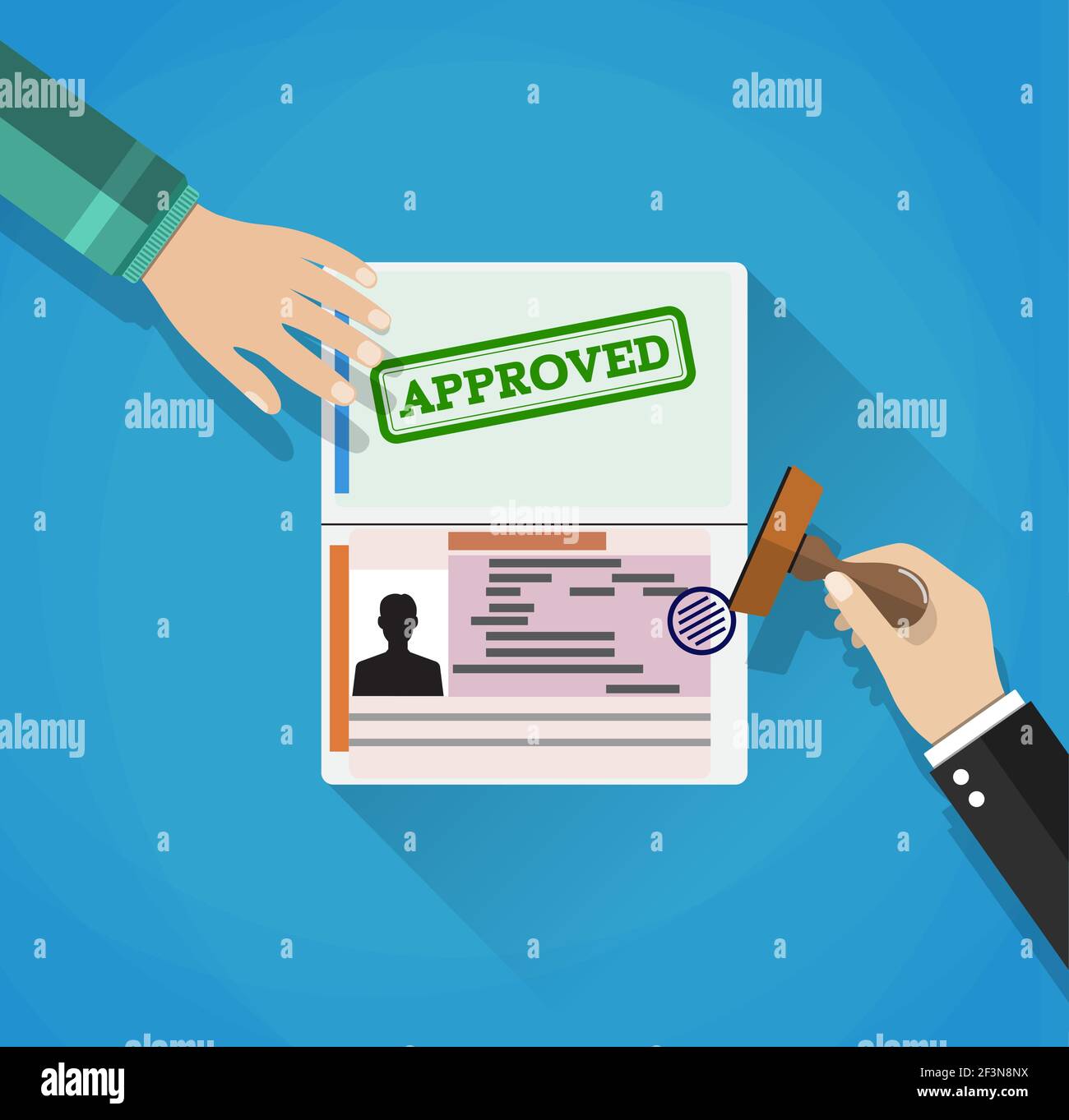 hand puts a stamp in the passport Stock Vector