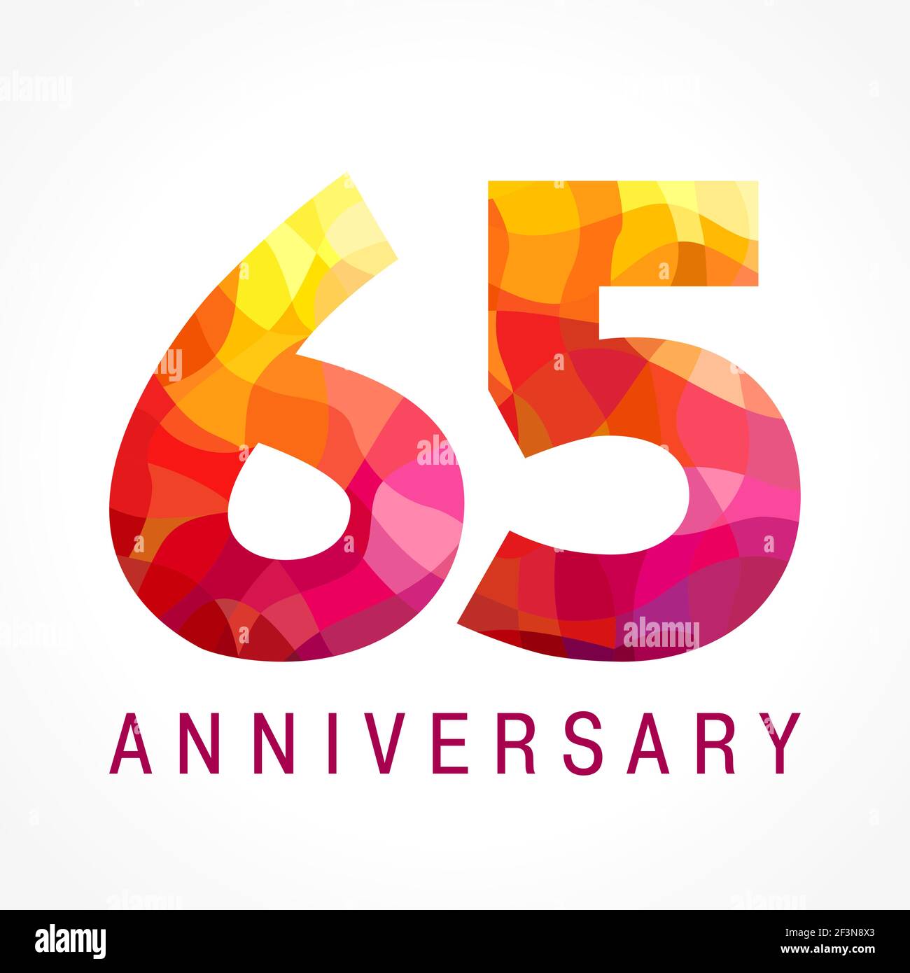 65 years old celebrating fiery logo. Anniversary year of 65 th. Facet congrats, creative numbers. Flaming greetings celebrates with 3D style. Stained- Stock Vector