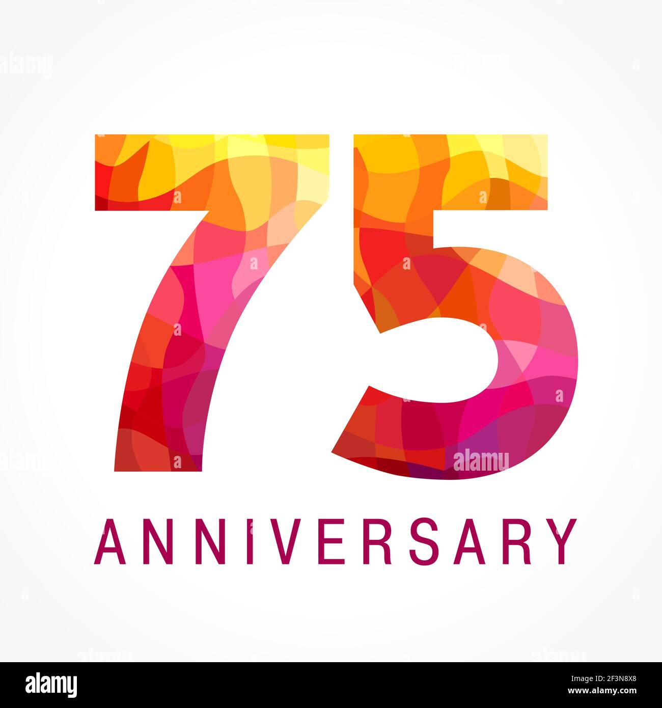 75 years old celebrating fiery logo. Anniversary year of 75 th. Facet congrats, creative numbers. Flaming greetings celebrates with 3D style. Stained- Stock Vector