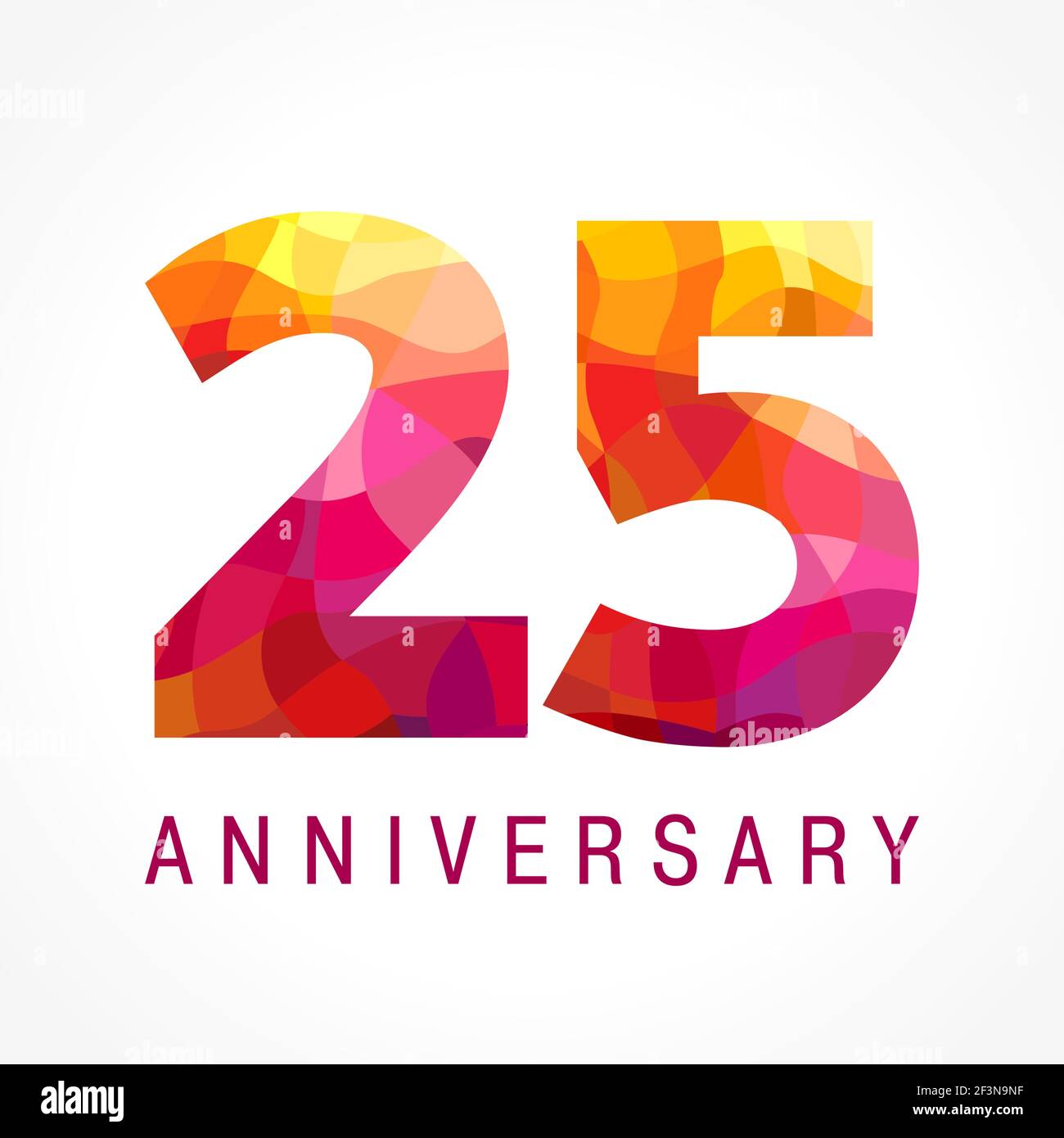 25 years old celebrating fiery logo. Anniversary year of 25 th. Facet congrats, creative numbers. Flaming greetings celebrates with 3D style. Stained- Stock Vector