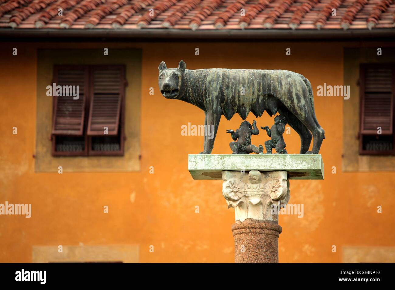 Statues showing the mythological origins of Roman society, in which a wolf suckles founders Romulus and Remus, stand in many Italian cities. Stock Photo