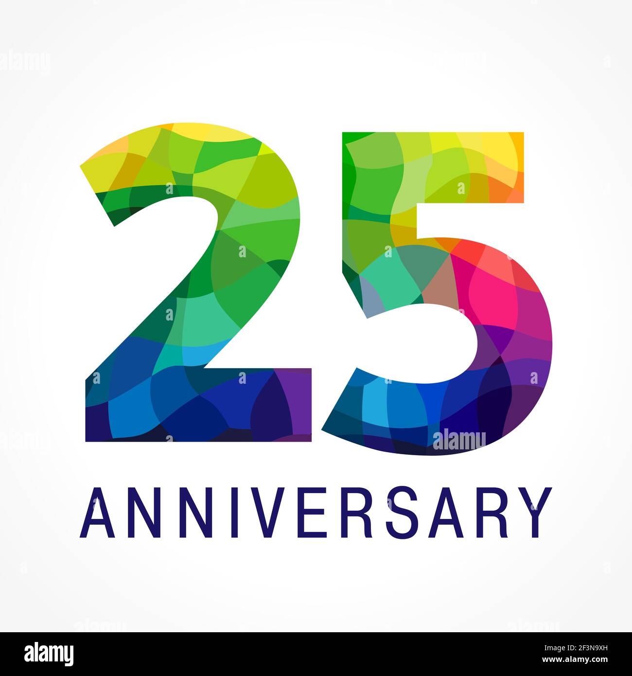25 years old celebrating colored logo. Anniversary numbers 25 th. Shining facet congrats logotype. Greetings with 3D style. Stained-glass mosaic backg Stock Vector