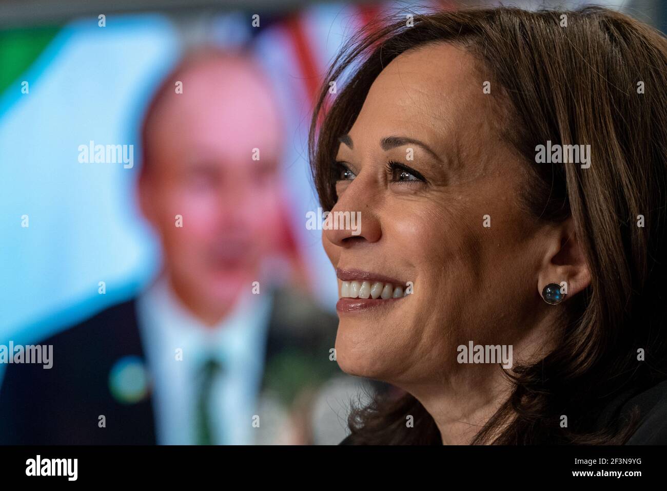 Washington, United States. 17th Mar, 2021. United States Vice President Kamala Harris hosts Irish Prime Minister Micheál Martin during a virtual bilateral meeting in the Vice President's Ceremonial Office in Washington, DC on St. Patrick's Day, Wednesday, March 17, 2021. Photo by Ken Cedeno/UPI Credit: UPI/Alamy Live News Stock Photo